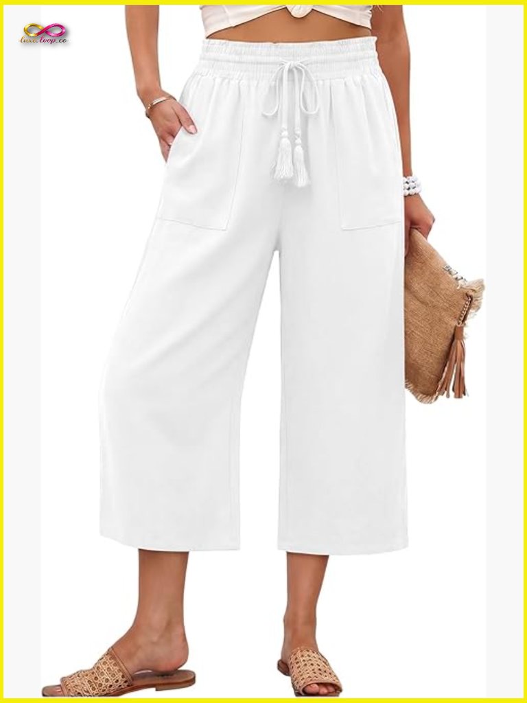 Wide Leg Capri Pants High Waisted Drawstring Palazzo Cropped Pants Summer
